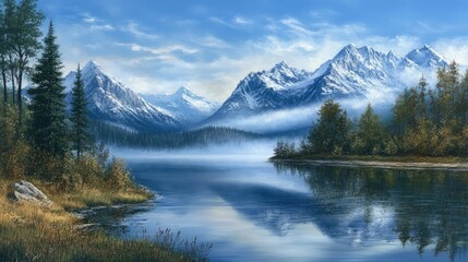 A serene lake reflecting towering snow-capped peaks, with a tranquil mist hovering over the water.