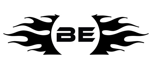 Naklejka premium Futuristic abstract Logo with Fiery Flame Motif and Geometric 'BE' Emblem, Black and White Artwork