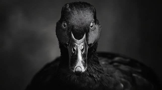 51.A detailed portrait of a domestic Call Duck, with its eyes gleaming in the light, a slight tilt of the head, and a soft expression as it gazes directly at the viewer.