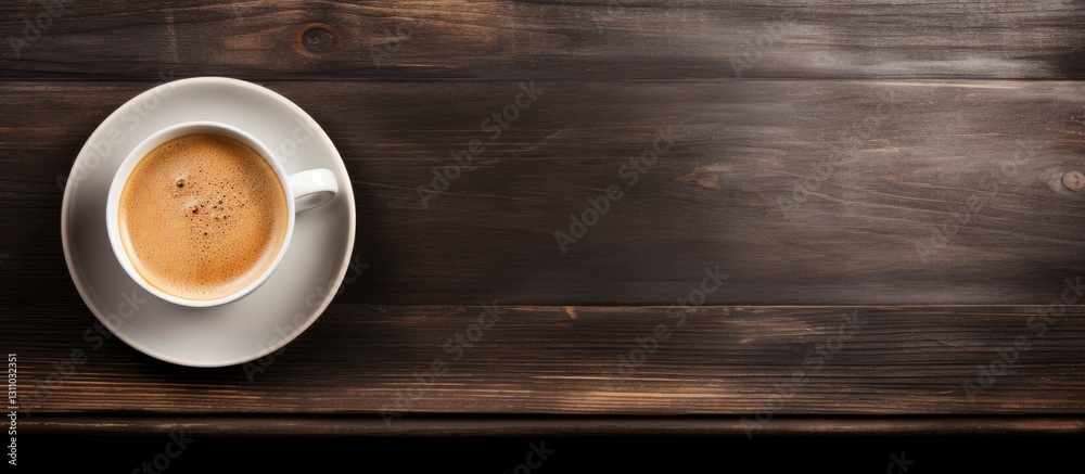Aufkleber top view of a white coffee cup on a dark vintage wooden background with ample copy space for text an