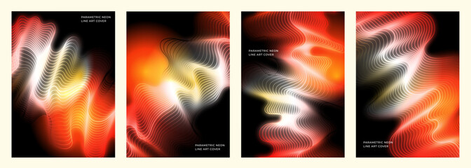 Abstract parametric fire line art in orange neon for cover poster background design set.