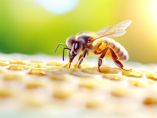 Naklejka premium Close-up of honey bee collecting nectar from honeycomb cells, showing intricate details of bee's wings and body. Natural lighting emphasizes the golden colors of honey production