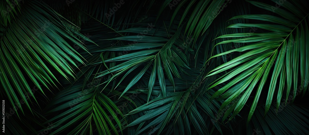 Fototapete dense dark green palm leaf texture creating a tropical jungle background with layered leaves providi