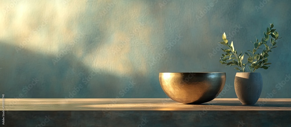 Poster serene composition of a bronze tibetan singing bowl and a minimalist vase with greenery on a light w