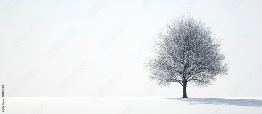 Poster Lonely bare tree against a bright white background with soft shadows creating depth in snowy landscape showcasing tranquility and minimalism.