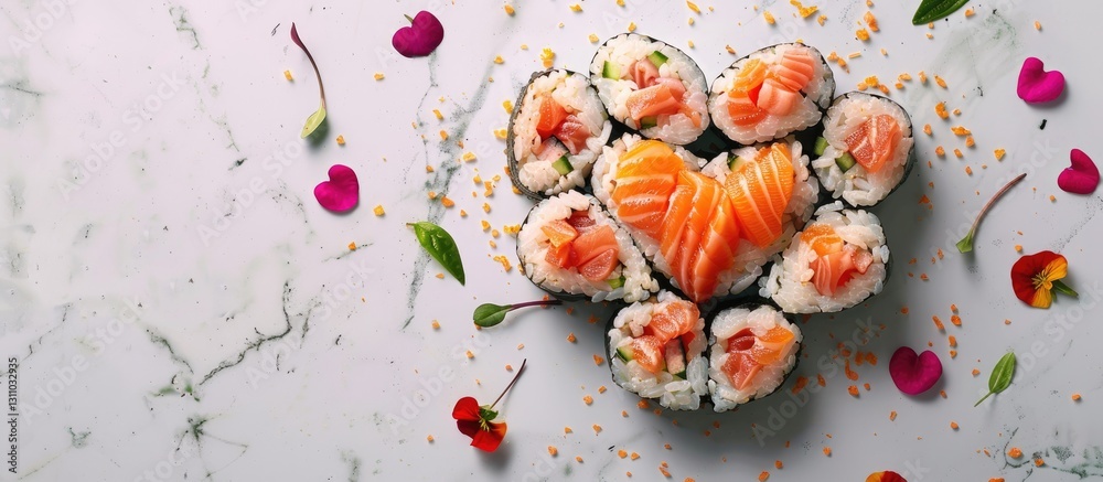 Poster heart-shaped sushi rolls with salmon and rice arranged on a marble surface surrounded by pink flower
