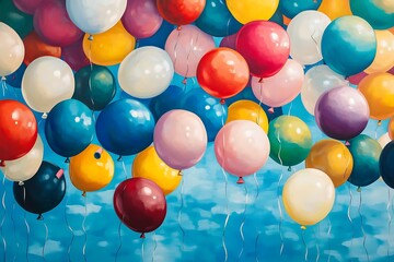 Colorful balloons float on a blue sky.