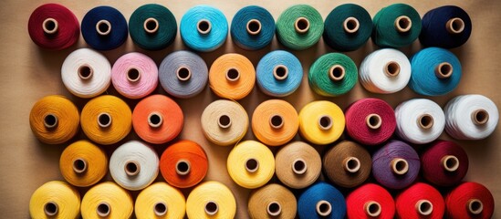 Fototapeta premium Vibrant collection of colorful sewing threads arranged neatly on natural linen cloth top view with ample copy space on the left side