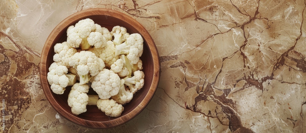 Poster fresh cauliflower florets in a wooden bowl on a light marble table, empty space for text in the uppe