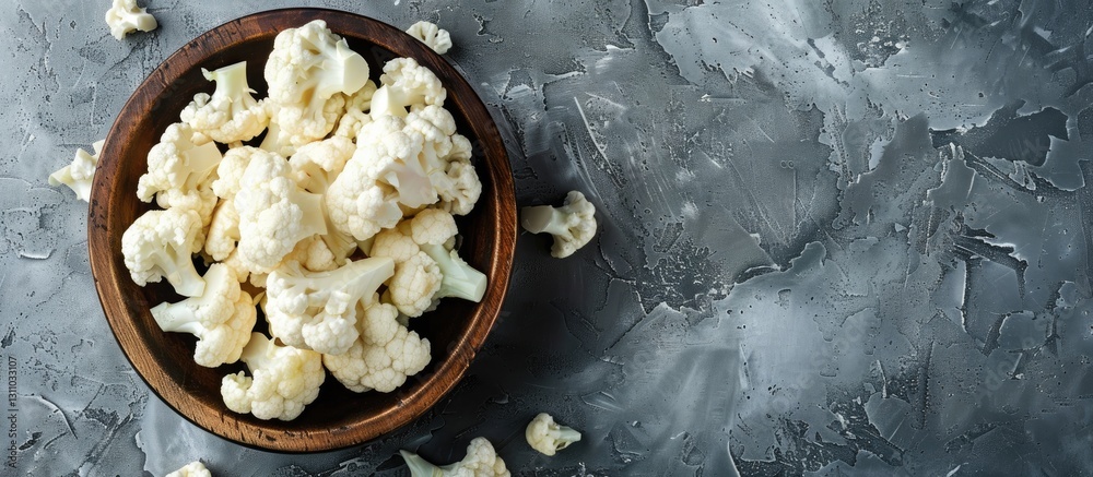 Poster freshly cut cauliflower florets in a round wooden bowl on a textured gray surface with scattered flo