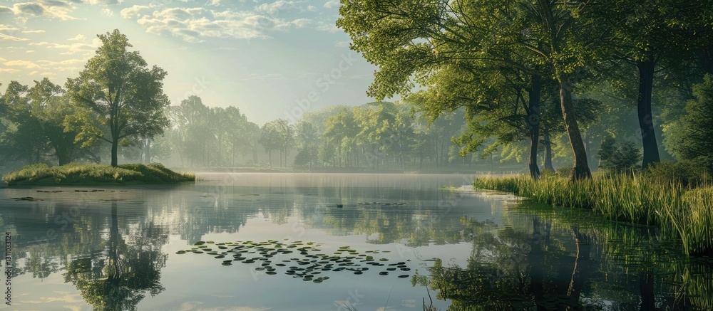 Poster peaceful lake scene with lush green trees on the left and misty water reflections on the right under