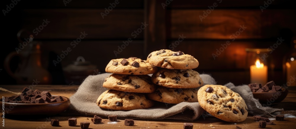 Aufkleber Homemade chocolate chip cookies stacked on rustic gunny background with warm candlelight creating a cozy atmosphere and dark earthy tones