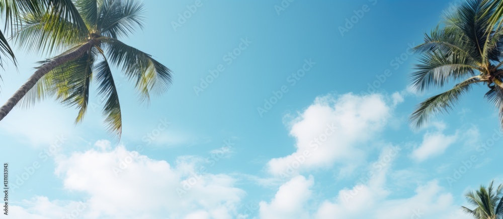 Poster tropical summer sky with vibrant blue hues and wispy white clouds framed by lush green palm trees on