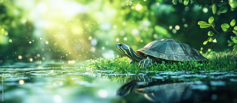 Poster cute turtle centrochelys sulcata resting on lush green grass by calm water with sunlight filtering t