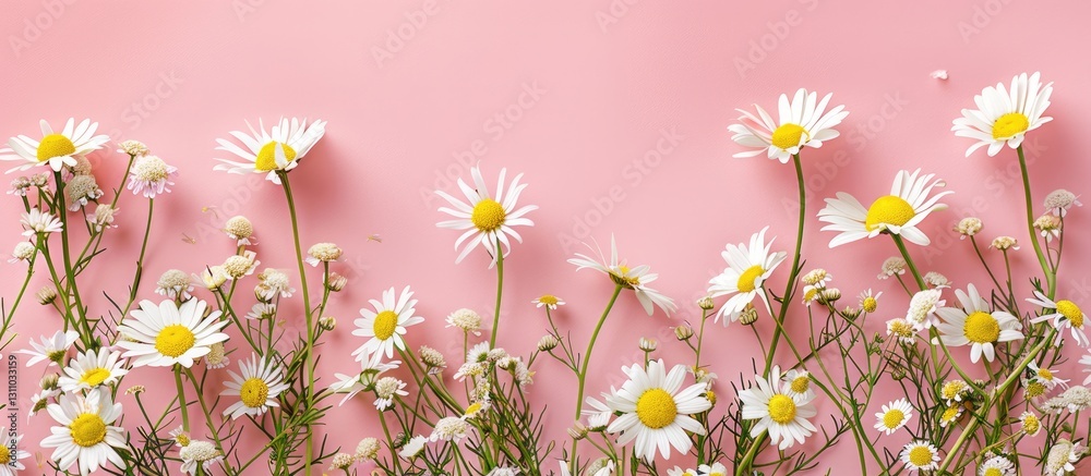 Poster delicate daisy flowers scattered across a soft pink background with vibrant green stems creating a c