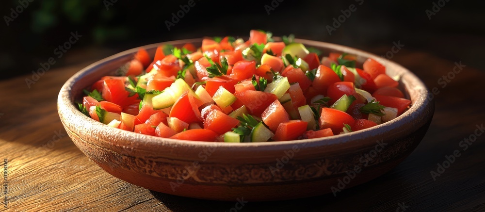 Poster freshly chopped tomato and cucumber salad in a rustic bowl on a wooden table showcasing vibrant red 