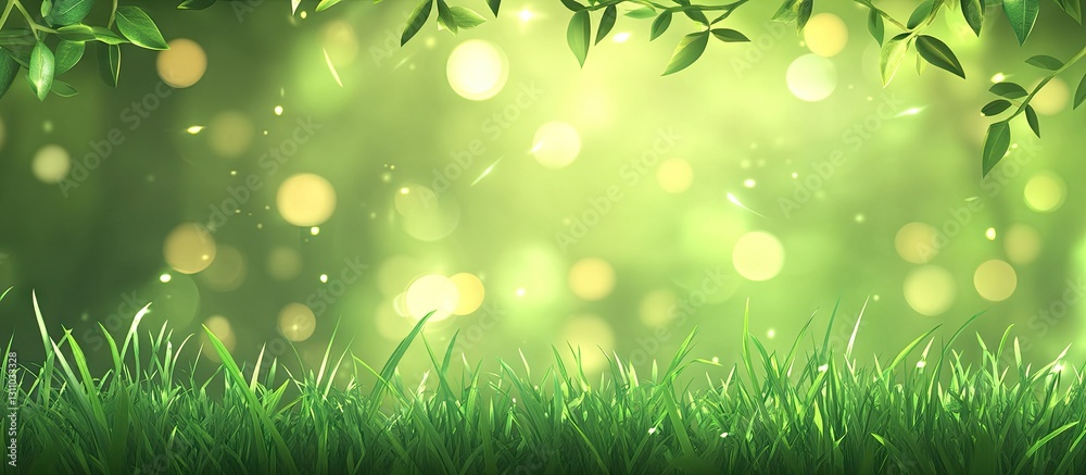 Leinwandbilder Lush green grass foreground with vibrant bokeh lighting against a soft, glowing abstract background in a spring park setting