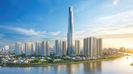 Obraz premium A single, towering skyscraper standing above a city skyline, representing dominance.