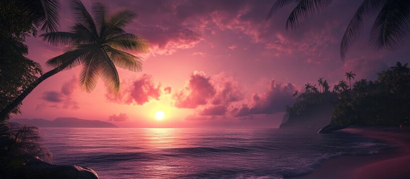 Serene tropical sunset with misty hues of purple and pink over calm ocean waters framed by lush palm trees in the foreground creating a tranquil ambiance.