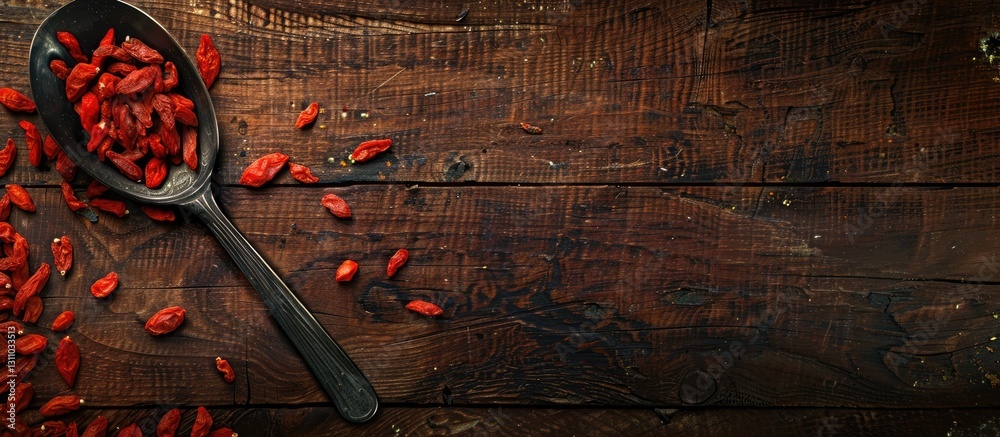 Poster top view of a rustic wooden table featuring a black spoon with dried red goji berries scattered on t