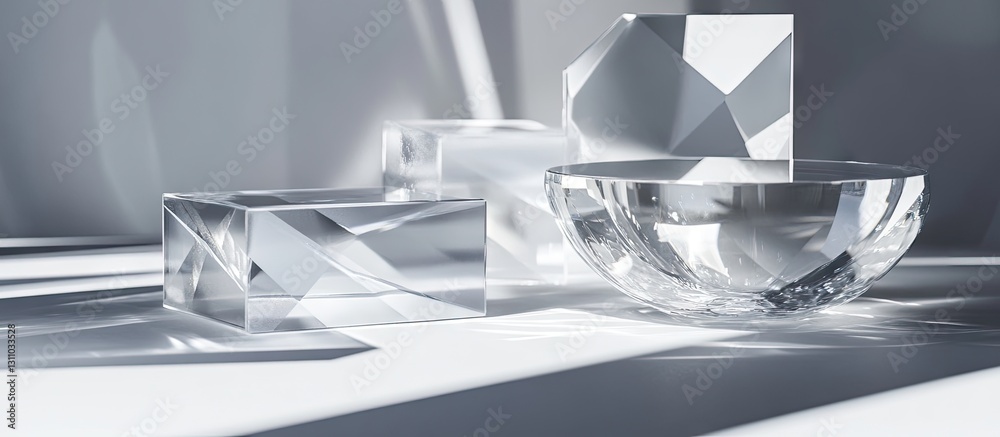Poster crystal glassware composition with geometric shapes and a reflective bowl on a light gray background