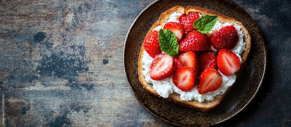 Poster delicious toast topped with fresh strawberries and mint leaves on a rustic dark plate against a text