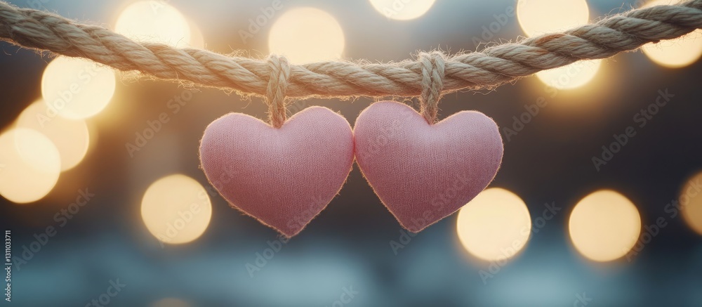 Aufkleber two pink hearts hanging on a rope against a warm blurred bokeh background with soft golden and blue 