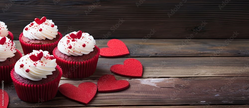 Poster red velvet cupcakes with white frosting topped with heart-shaped sprinkles arranged on a rustic wood