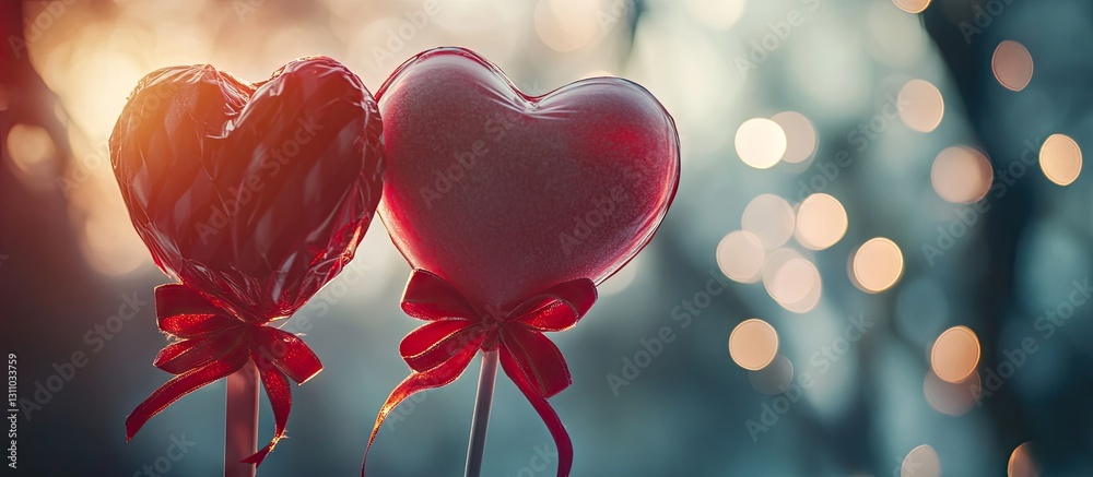 Poster Valentine's Day scene featuring heart-shaped lollipops with red ribbons in the foreground and a blurred warm sunset background with soft bokeh lights.