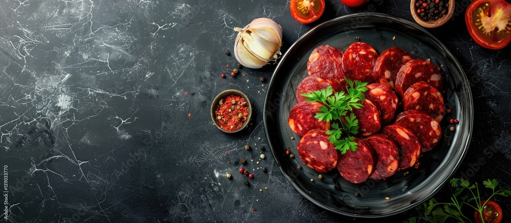 Poster top view of sliced polish smoked sausage arranged on a dark slate plate with fresh herbs and spices 