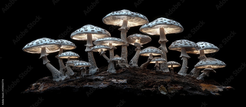 Aufkleber illuminated cluster of toxic mushrooms with white caps and dark stems on a black background, showcas