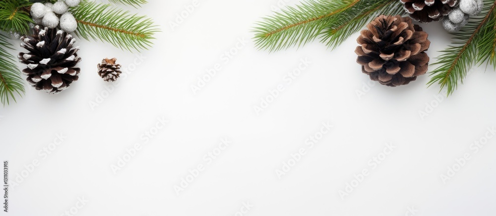 Leinwandbilder top view of a white background with green pine branches and assorted pine cones arranged on the left