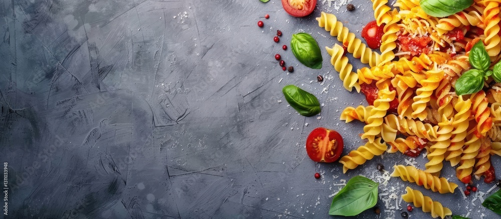 Poster Colorful spiral pasta with fresh basil and cherry tomatoes arranged on a gray textured surface with space for text on the left side