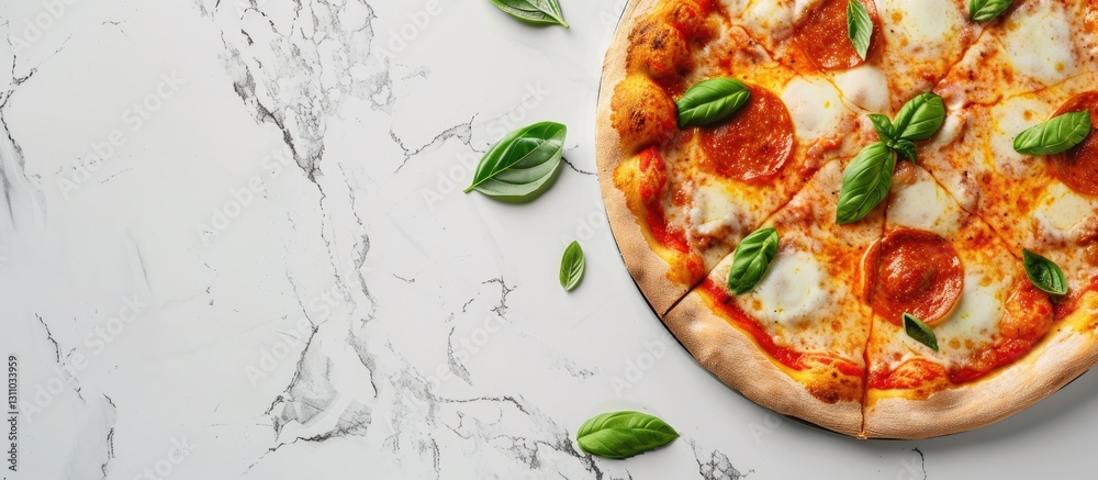 Poster Top view of a delicious Margherita pizza with fresh basil on a white marble background featuring ample negative space for text placement