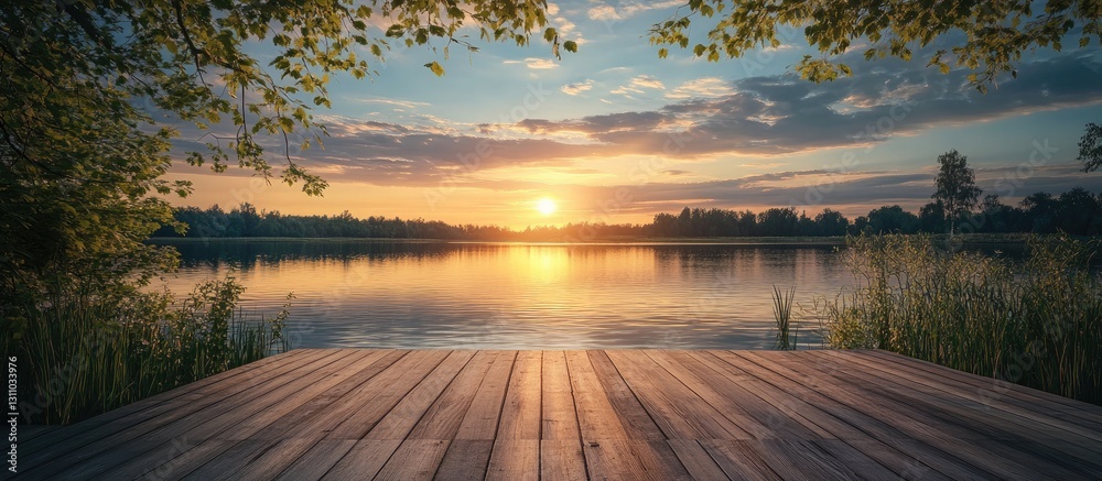 Poster serene sunset over a tranquil lake viewed from a rustic wooden deck surrounded by lush greenery and 