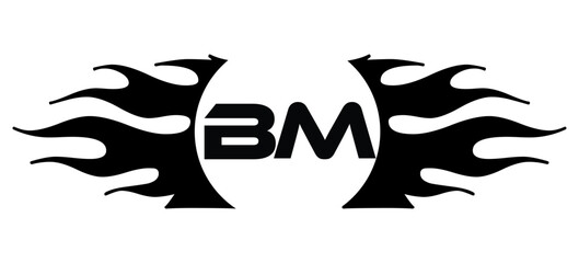 Fototapeta premium Futuristic abstract Logo with Fiery Flame Motif and Geometric 'BM' Emblem, Black and White Artwork