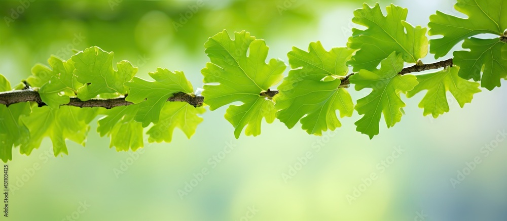 Aufkleber vibrant green oak leaves sway gently on a branch against a soft blurred background, creating an invi