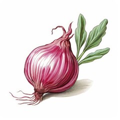 an AI Image Generator, Detailed Botanical Illustration of a Fresh Red Onion