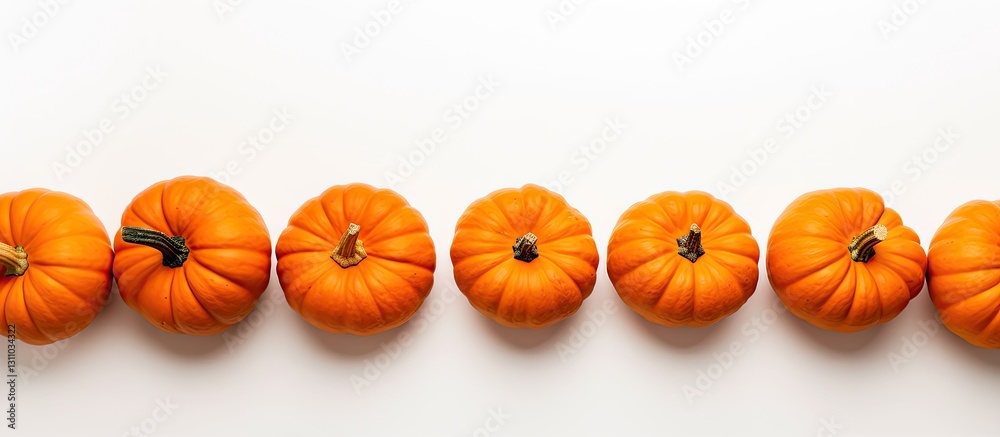 Aufkleber Top view of bright orange pumpkins lined up on a clean white background creating a festive Halloween theme with ample copy space on either side