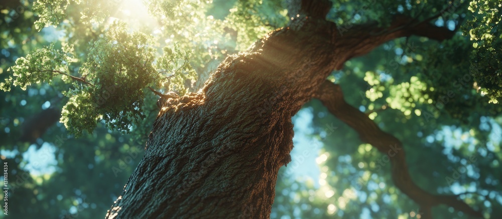 Fototapete majestic tree trunk reaching upwards with vibrant green leaves illuminated by soft sunlight filterin