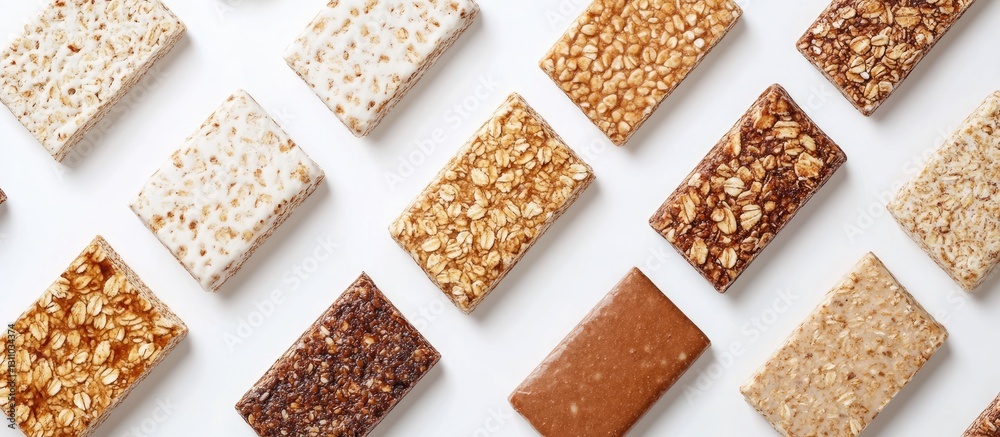 Poster assorted granola and protein bars in various textures and colors arranged in a grid on a white backg