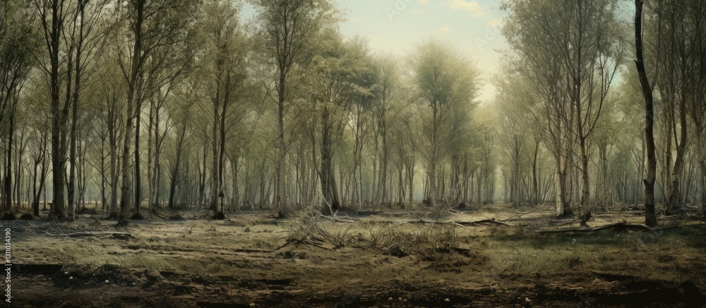 Leinwandbilder expansive view of a serene poplar tree woodland with soft green hues and tall trees, creating ample 