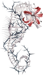The bones of the seahorse are entangled with thorns