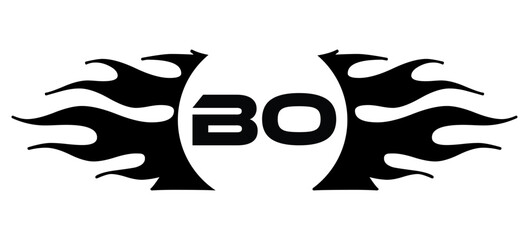 Naklejka premium Futuristic abstract Logo with Fiery Flame Motif and Geometric 'BO' Emblem, Black and White Artwork