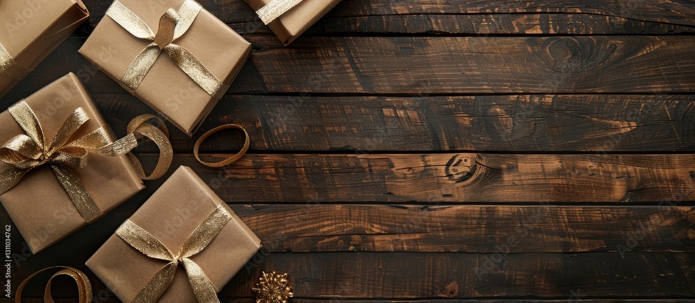 Aufkleber Top view of neatly arranged beige gift boxes with elegant ribbons on a dark wooden surface featuring ample copy space for text or design