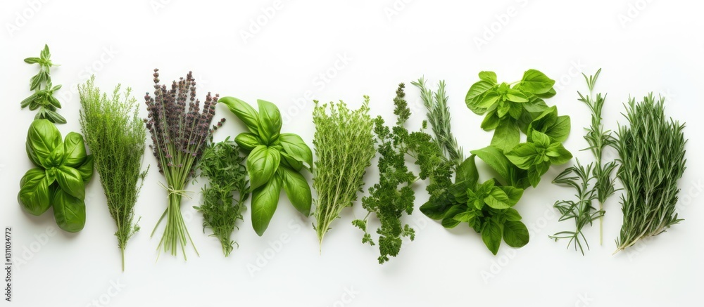 Aufkleber Fresh herbs arranged in a row on a white background with vibrant green tones and a hint of purple creating abundant copy space for text