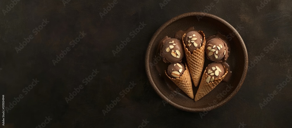 Poster Chocolate ice cream cones with almond flakes arranged on a deep brown plate on a dark surface creating a rich and appetizing visual contrast