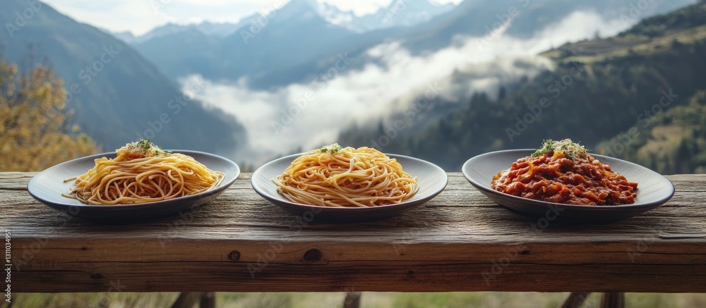 Poster Three colorful plates of spaghetti arranged on a rustic wooden table with misty mountains in the background and soft clouds hovering above.