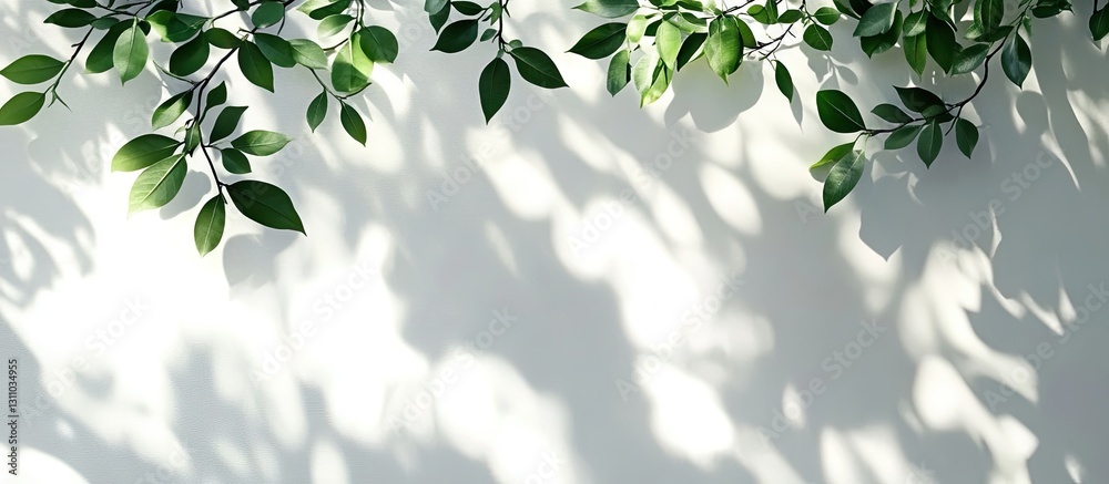 Aufkleber Green leaves casting delicate shadows on a soft white wall creating a serene and tranquil atmosphere, perfect for nature-themed visuals.