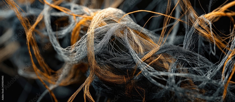 Poster entangled threads in shades of orange, gray, and black create a complex, twisted arrangement showcas
